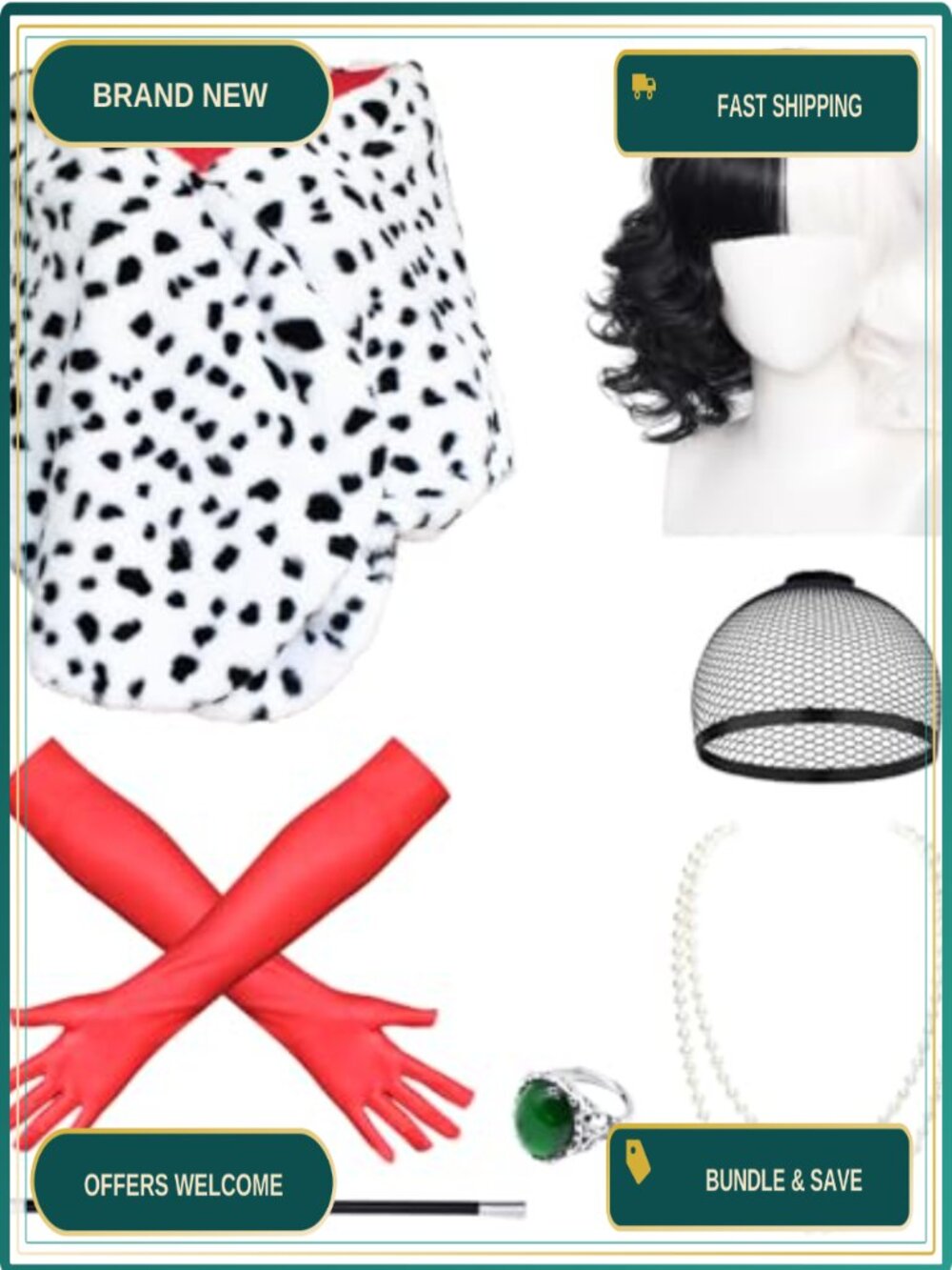 7 Pc Halloween Costume Set Dalmatian Shawl Faux Fur Wig Gloves Necklace